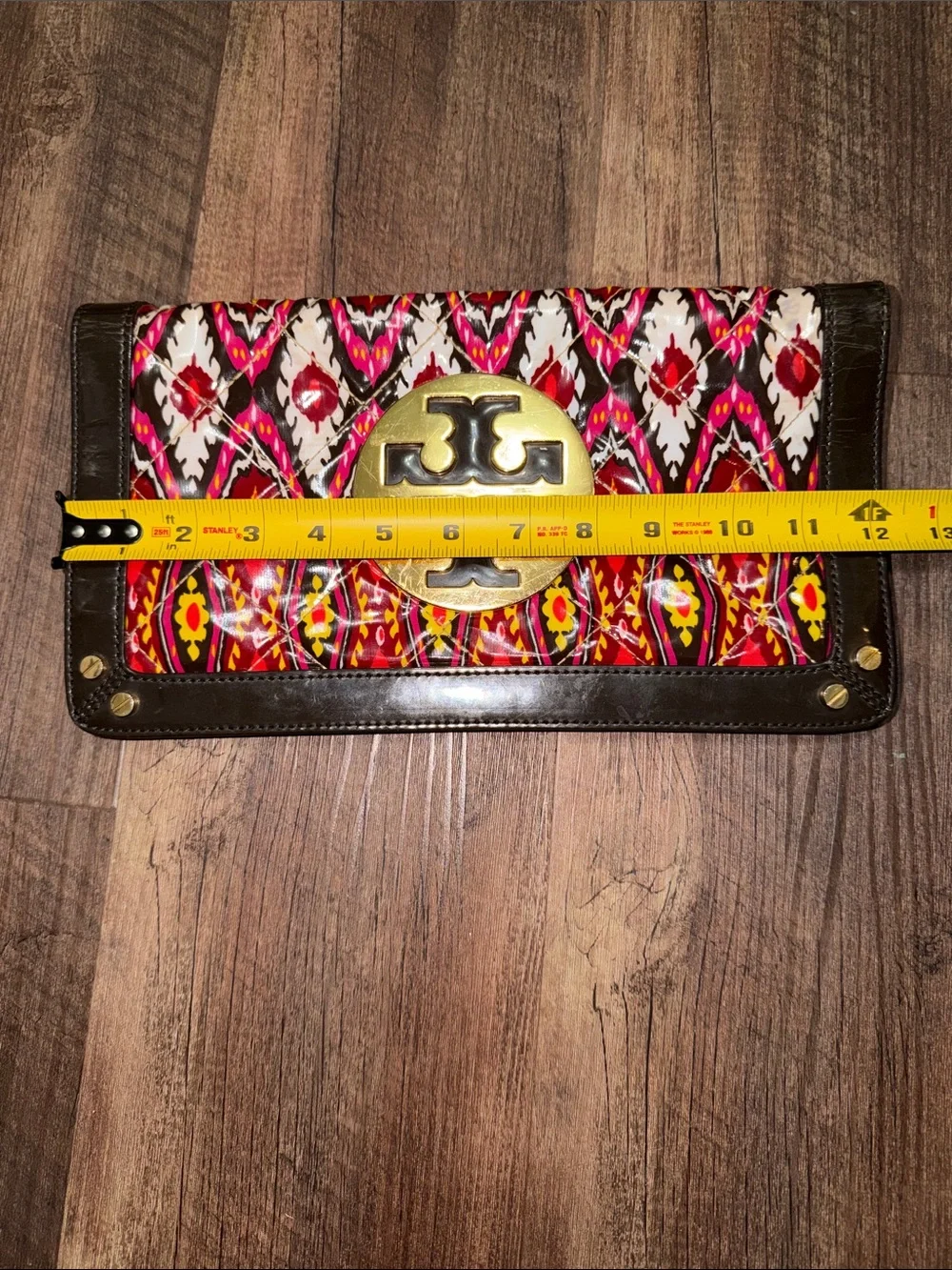 Tory Burch Red Multicolor Printed Patent Leather Clutch with Gold Logo